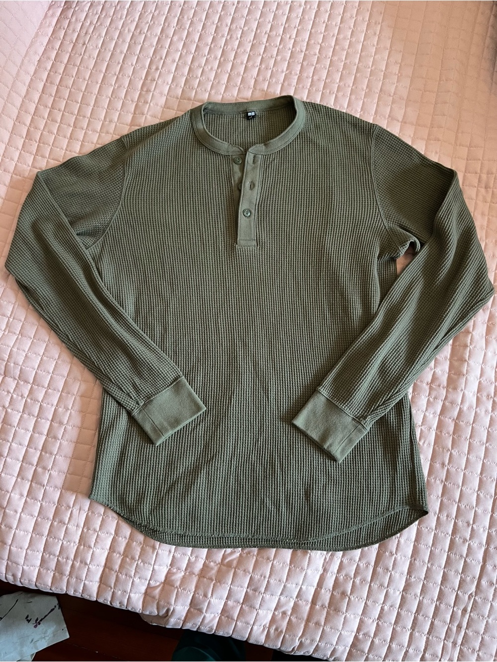 Uniqlo Olive Green Waffle Henley Long-Sleeve Shirt - sz L